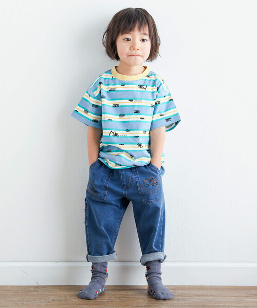 SLAP SLIP（スラップスリップ）の「デニムニットはたらくくるま刺しゅう7分丈ペインターパンツ(80~130cm)（デニムパンツ・キッズ・ブルー/ネイビー・110cm/80ｃｍ/130cm/90cm/120cm/100cm）」の5枚目の写真