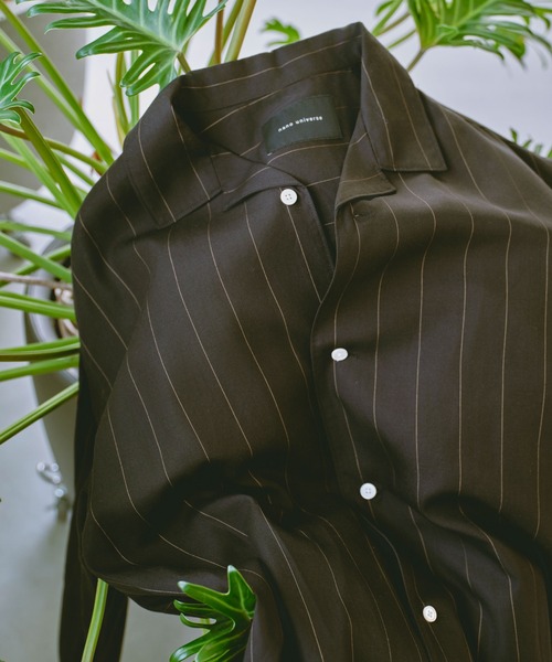 NANO universe（ナノユニバース）の「リネンブレンドピンストライプワイドカラーシャツ(セットアップ可)（シャツ/ブラウス・メンズ・ブラック/ホワイト/ベージュ・L/M）」の3枚目の写真