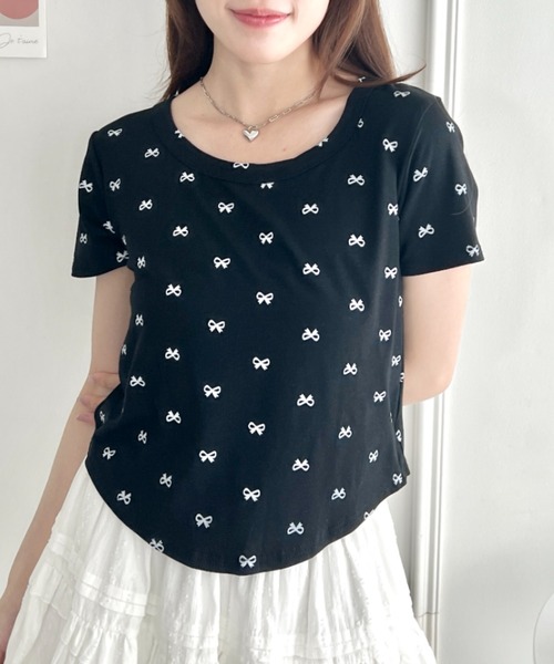 Loueme(ルエム)の「プチリボンプリントTシャツ(Tシャツ/カットソー・レディース・グレー/ブラック/ホワイト・FREE)」の7枚目の写真