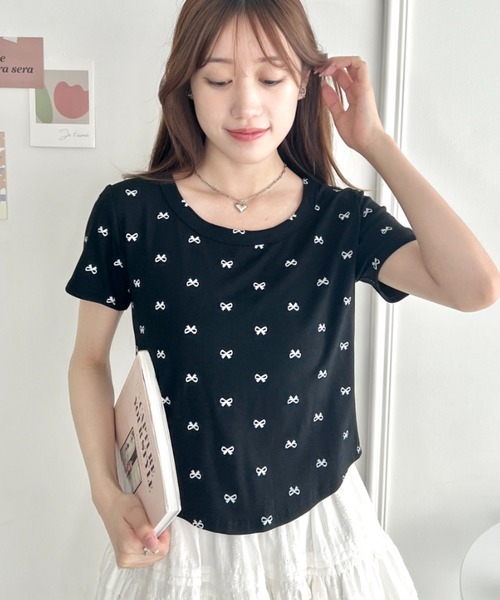 Loueme(ルエム)の「プチリボンプリントTシャツ(Tシャツ/カットソー・レディース・グレー/ブラック/ホワイト・FREE)」の8枚目の写真