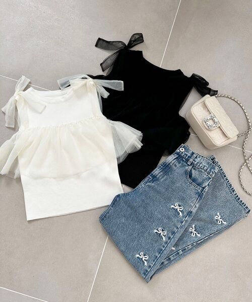 MAJESTIC LEGON(マジェスティックレゴン)の「肩リボンチュールフリルニット(ニット/セーター・レディース・グレー/アイボリー/ブラック・MEDIUM)」の13枚目の写真