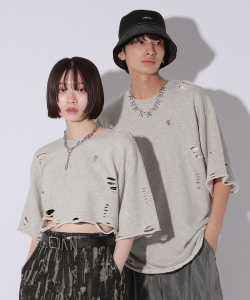 Anui（アニュイ）の「【UNISEX/3サイズ展開】プレートダメージミニウラケトップス（Tシャツ/カットソー・レディース・チャコールグレー/ライトピンク/杢グレー・SMALL/MEDIUM/LARGE）」の2枚目の写真