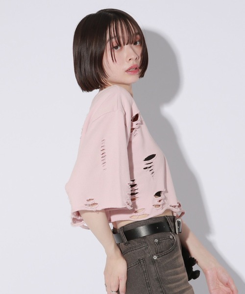 Anui（アニュイ）の「【UNISEX/3サイズ展開】プレートダメージミニウラケトップス（Tシャツ/カットソー・レディース・チャコールグレー/ライトピンク/杢グレー・SMALL/MEDIUM/LARGE）」の4枚目の写真