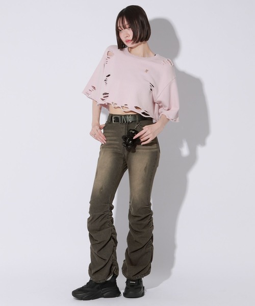 Anui（アニュイ）の「【UNISEX/3サイズ展開】プレートダメージミニウラケトップス（Tシャツ/カットソー・レディース・チャコールグレー/ライトピンク/杢グレー・SMALL/MEDIUM/LARGE）」の5枚目の写真