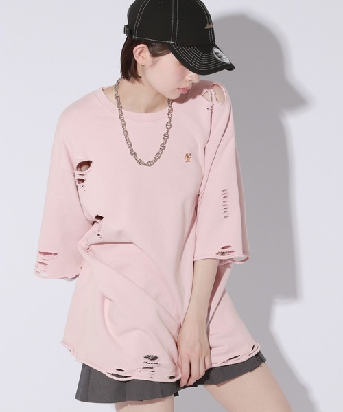 Anui（アニュイ）の「【UNISEX/3サイズ展開】プレートダメージミニウラケトップス（Tシャツ/カットソー・レディース・チャコールグレー/ライトピンク/杢グレー・SMALL/MEDIUM/LARGE）」の10枚目の写真