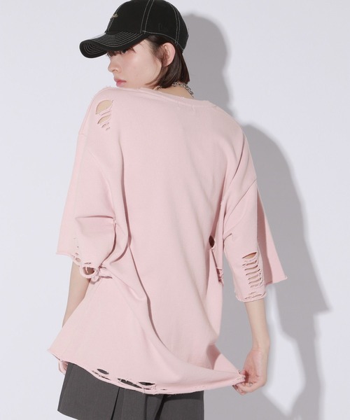 Anui（アニュイ）の「【UNISEX/3サイズ展開】プレートダメージミニウラケトップス（Tシャツ/カットソー・レディース・チャコールグレー/ライトピンク/杢グレー・SMALL/MEDIUM/LARGE）」の11枚目の写真