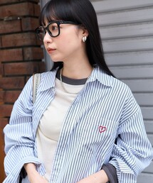 ワンポイントハート刺繍 ストライプシャツ