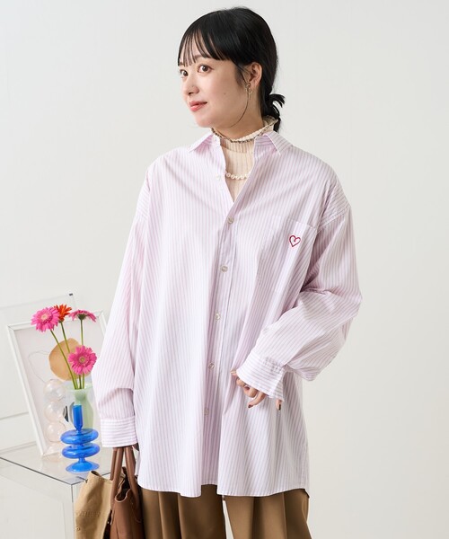 FREAK'S STORE（フリークスストア）の「ワンポイントハート刺繍 ストライプシャツ（シャツ/ブラウス・レディース・ブラウン/サックスブルー/ピンク・ﾌﾘ-）」の16枚目の写真