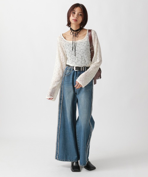 カットレース使いの長め丈カットソー カットレースメローロング