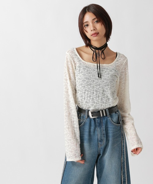 カットレース使いの長め丈カットソー カットレースメローロング