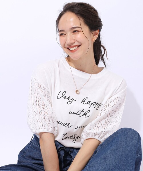晩夏まで活躍／5分袖】お袖レース ロゴプリントトップス（Tシャツ 