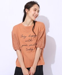◆【晩夏まで活躍/5分袖】お袖レース ロゴプリントトップス