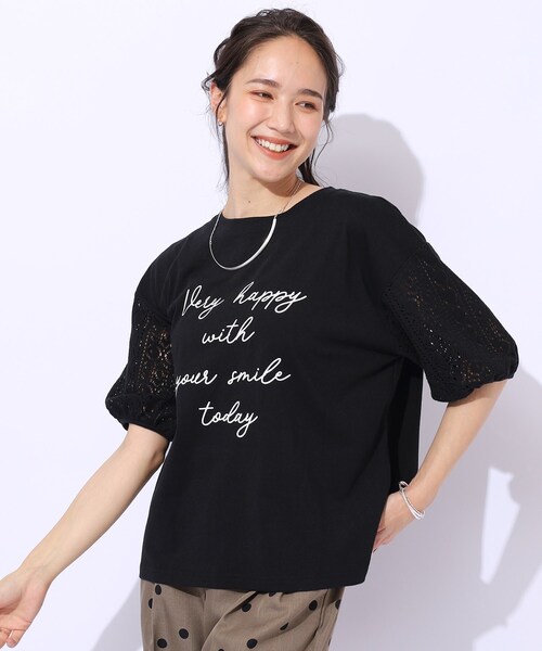 Cutie Blonde（キューティーブロンド）の「◆【晩夏まで活躍／5分袖】お袖レース　ロゴプリントトップス（Tシャツ/カットソー・レディース・ホワイト系/ブラック/ライトオレンジ系・02/03）」の3枚目の写真