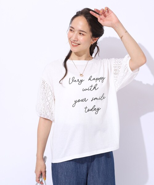 Cutie Blonde（キューティーブロンド）の「◆【晩夏まで活躍／5分袖】お袖レース　ロゴプリントトップス（Tシャツ/カットソー・レディース・ホワイト系/ブラック/ライトオレンジ系・02/03）」の4枚目の写真