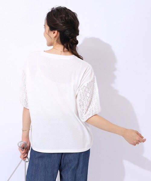 Cutie Blonde（キューティーブロンド）の「◆【晩夏まで活躍／5分袖】お袖レース　ロゴプリントトップス（Tシャツ/カットソー・レディース・ホワイト系/ブラック/ライトオレンジ系・02/03）」の5枚目の写真