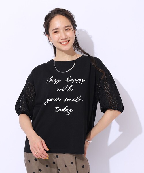 Cutie Blonde（キューティーブロンド）の「◆【晩夏まで活躍／5分袖】お袖レース　ロゴプリントトップス（Tシャツ/カットソー・レディース・ホワイト系/ブラック/ライトオレンジ系・02/03）」の8枚目の写真