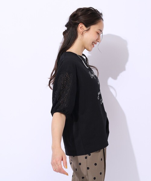 Cutie Blonde（キューティーブロンド）の「◆【晩夏まで活躍／5分袖】お袖レース　ロゴプリントトップス（Tシャツ/カットソー・レディース・ホワイト系/ブラック/ライトオレンジ系・02/03）」の9枚目の写真