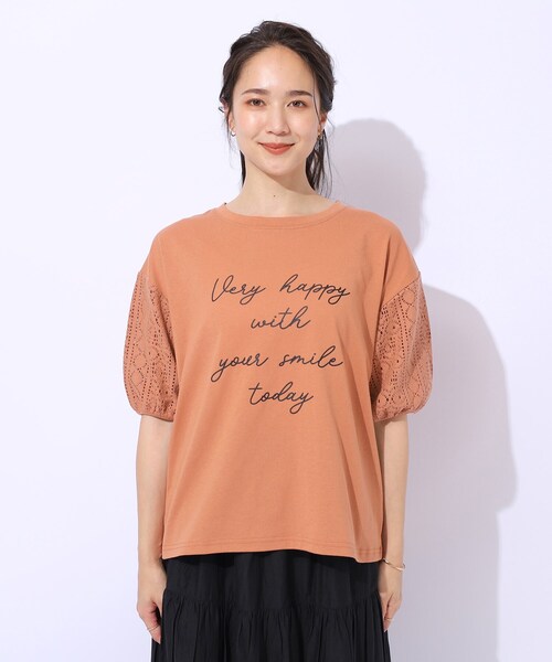 Cutie Blonde（キューティーブロンド）の「◆【晩夏まで活躍／5分袖】お袖レース　ロゴプリントトップス（Tシャツ/カットソー・レディース・ホワイト系/ブラック/ライトオレンジ系・02/03）」の16枚目の写真