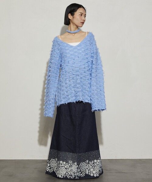 Firsthand（ファーストハンド）の「Firsthand/ファーストハンド カットフリンジチョーカー付きニット（ニット/セーター・レディース・サックスブルー/ブラック/ホワイト・ﾌﾘ-）」の6枚目の写真