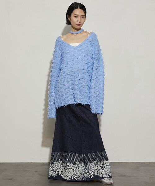 Firsthand（ファーストハンド）の「Firsthand/ファーストハンド カットフリンジチョーカー付きニット（ニット/セーター・レディース・サックスブルー/ブラック/ホワイト・ﾌﾘ-）」の7枚目の写真