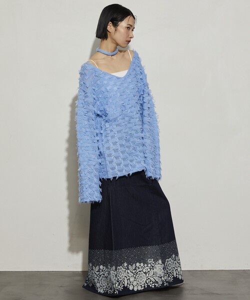 Firsthand（ファーストハンド）の「Firsthand/ファーストハンド カットフリンジチョーカー付きニット（ニット/セーター・レディース・サックスブルー/ブラック/ホワイト・ﾌﾘ-）」の11枚目の写真