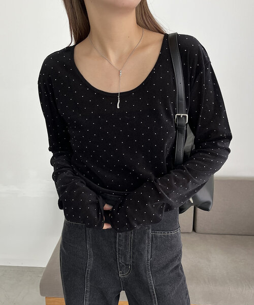 CAPRICIEUX LE'MAGE(カプリシューレマージュ)の「ストーンベロアロンT(Tシャツ/カットソー・レディース・ベージュ/ブラック・FREE)」の8枚目の写真