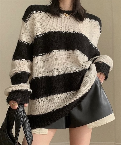 FREE STYLISTS(フリー スタイリスト)の「ダメージボーダー柄ニット(ニット/セーター・レディース・ホワイト/ブルー/ブラック・FREE)」の2枚目の写真