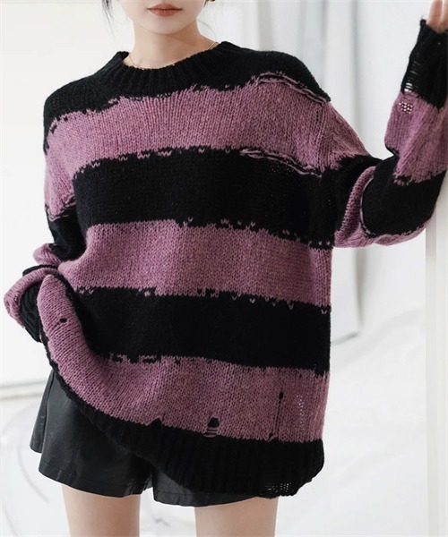 【美品】PEARLY GATES ウールニットセーター 千鳥孔子 ボーダー柄 1 セール】ダメージボーダー柄ニット（ニット/セーター）｜FREE