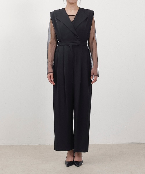 オケージョンパンツドレス シアートップス スタンドアウトカラー オールインワン パンツドレス