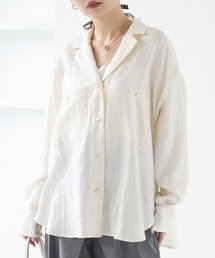 ブラウス シャツ サテンレイヤードトップ / Satin Layered Top レディース フロントタック ストライプブラウス 長袖 レディース(M グレー