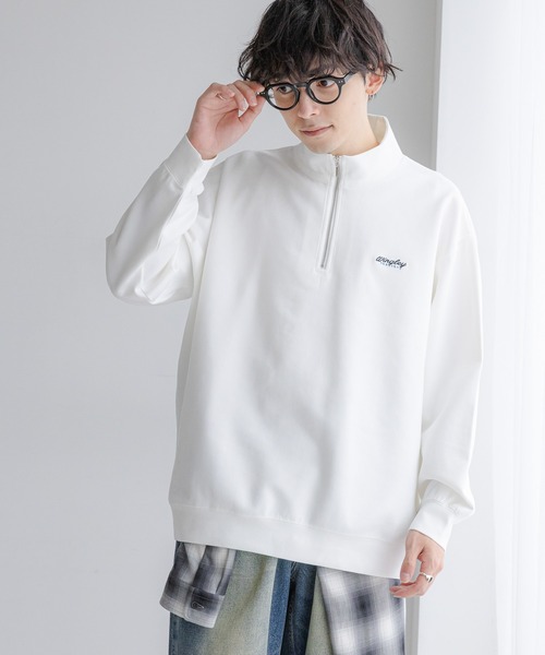 セール】カットスウェード/ワンポイント刺繍ハーフジップ（スウェット