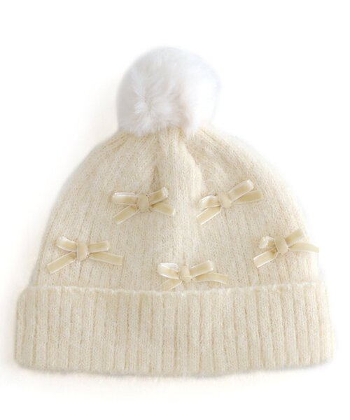 apres les cours(アプレレクール)の「ベロアリボンベビーニット帽(ニットキャップ/ビーニー・キッズ・アイボリー/ピンク・46/48)」の2枚目の写真