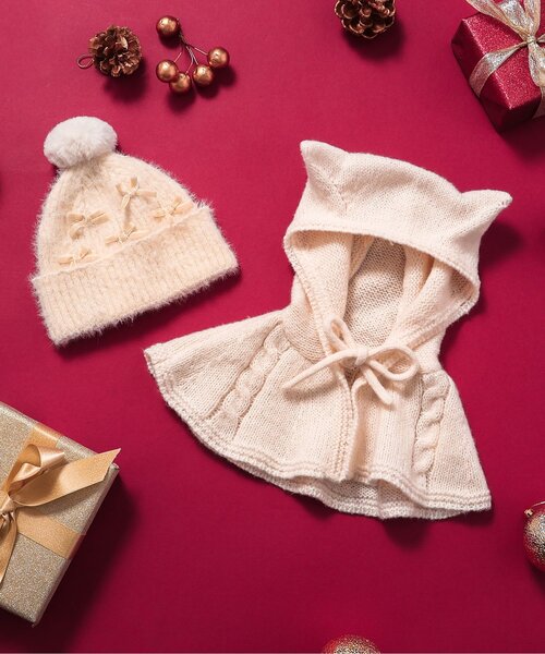 apres les cours(アプレレクール)の「ベロアリボンベビーニット帽(ニットキャップ/ビーニー・キッズ・アイボリー/ピンク・46/48)」の3枚目の写真