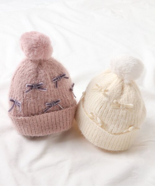 apres les cours(アプレレクール)の「ベロアリボンベビーニット帽(ニットキャップ/ビーニー・キッズ・アイボリー/ピンク・46/48)」の4枚目の写真