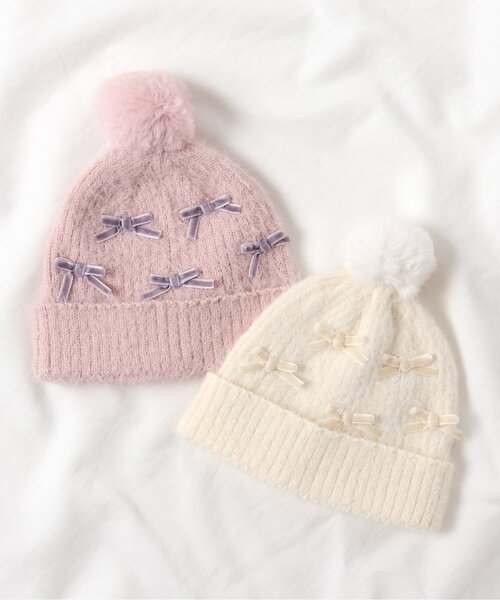 apres les cours(アプレレクール)の「ベロアリボンベビーニット帽(ニットキャップ/ビーニー・キッズ・アイボリー/ピンク・46/48)」の5枚目の写真