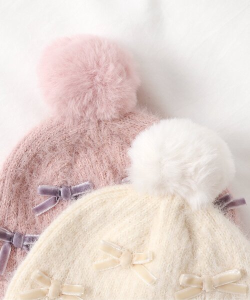 apres les cours(アプレレクール)の「ベロアリボンベビーニット帽(ニットキャップ/ビーニー・キッズ・アイボリー/ピンク・46/48)」の6枚目の写真