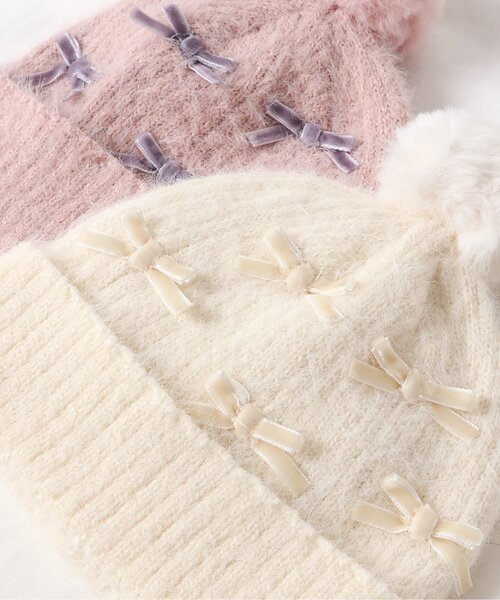 apres les cours(アプレレクール)の「ベロアリボンベビーニット帽(ニットキャップ/ビーニー・キッズ・アイボリー/ピンク・46/48)」の7枚目の写真