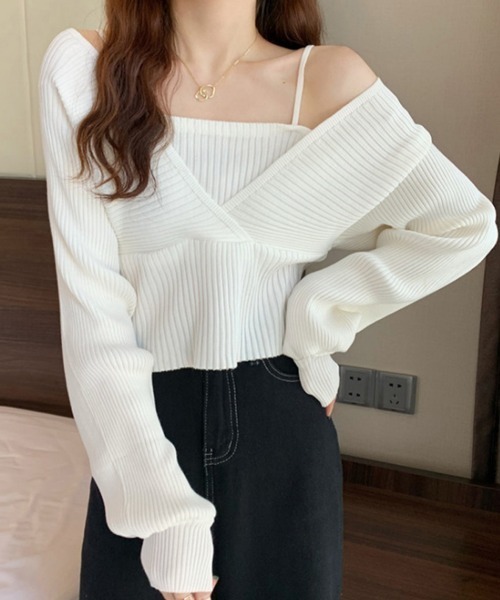 Miniministore(ミニミニストア)の「ニットトップス レイヤード風 韓国風(ニット/セーター・レディース・ワインレッド/ブラック/ホワイト/ブラウン/ピンク・FREE)」の6枚目の写真