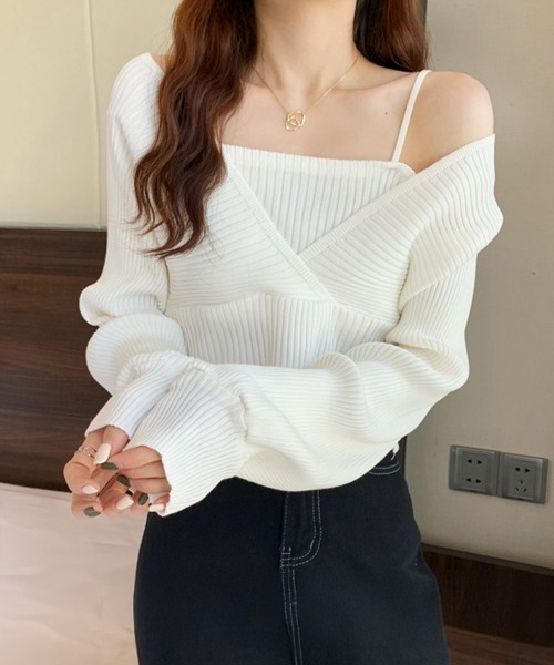 Miniministore(ミニミニストア)の「ニットトップス レイヤード風 韓国風(ニット/セーター・レディース・ワインレッド/ブラック/ホワイト/ブラウン/ピンク・FREE)」の7枚目の写真
