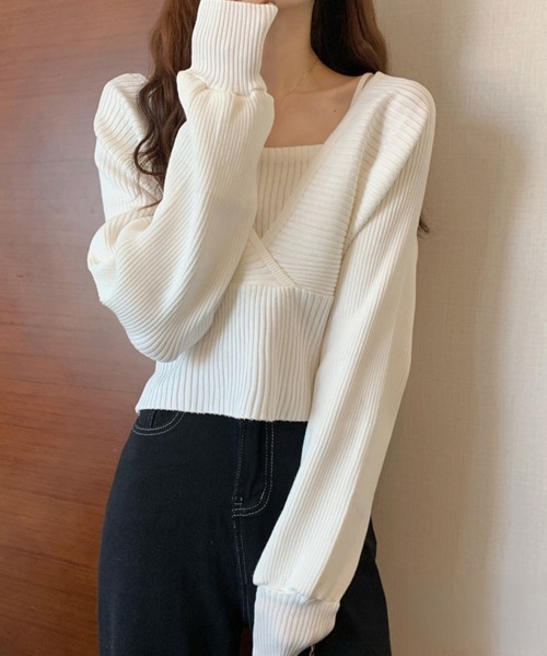 Miniministore(ミニミニストア)の「ニットトップス レイヤード風 韓国風(ニット/セーター・レディース・ワインレッド/ブラック/ホワイト/ブラウン/ピンク・FREE)」の8枚目の写真