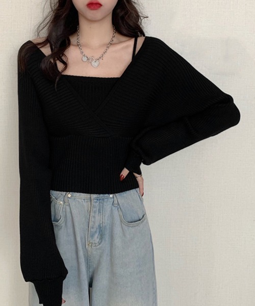 Miniministore(ミニミニストア)の「ニットトップス レイヤード風 韓国風(ニット/セーター・レディース・ワインレッド/ブラック/ホワイト/ブラウン/ピンク・FREE)」の10枚目の写真