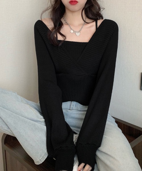 Miniministore(ミニミニストア)の「ニットトップス レイヤード風 韓国風(ニット/セーター・レディース・ワインレッド/ブラック/ホワイト/ブラウン/ピンク・FREE)」の11枚目の写真