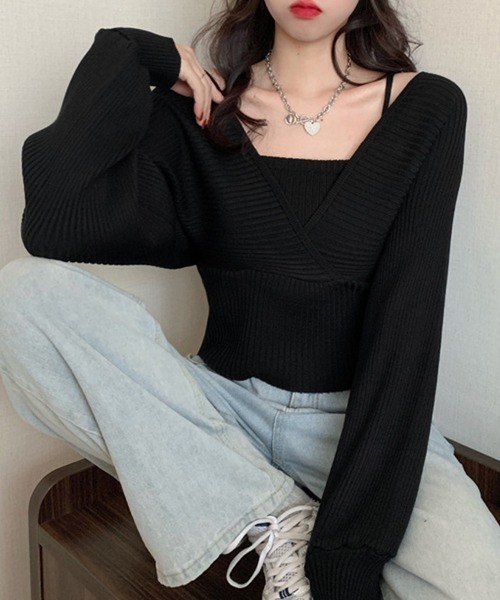 Miniministore(ミニミニストア)の「ニットトップス レイヤード風 韓国風(ニット/セーター・レディース・ワインレッド/ブラック/ホワイト/ブラウン/ピンク・FREE)」の12枚目の写真