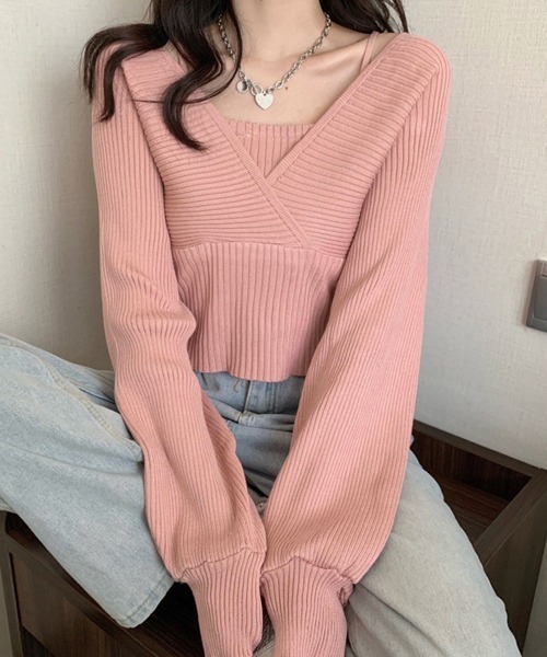 Miniministore(ミニミニストア)の「ニットトップス レイヤード風 韓国風(ニット/セーター・レディース・ワインレッド/ブラック/ホワイト/ブラウン/ピンク・FREE)」の14枚目の写真