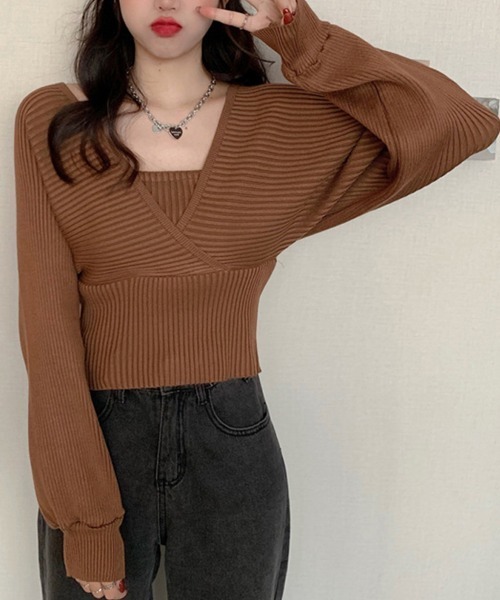 Miniministore(ミニミニストア)の「ニットトップス レイヤード風 韓国風(ニット/セーター・レディース・ワインレッド/ブラック/ホワイト/ブラウン/ピンク・FREE)」の15枚目の写真