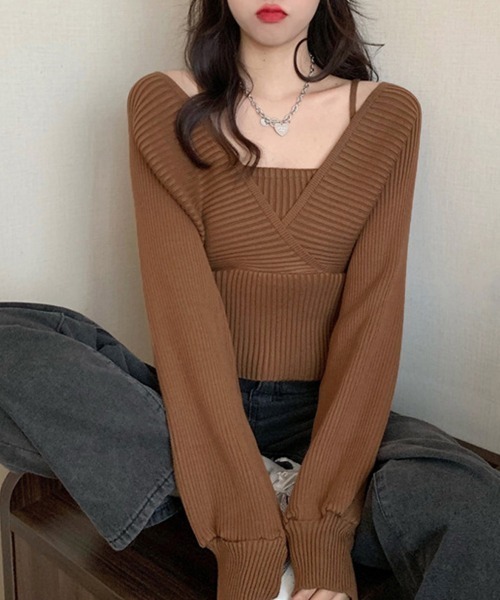Miniministore(ミニミニストア)の「ニットトップス レイヤード風 韓国風(ニット/セーター・レディース・ワインレッド/ブラック/ホワイト/ブラウン/ピンク・FREE)」の16枚目の写真