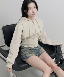 FOLLOWIN | 2WAYジップアップコルセットスリムクロップドフード付きスウェットパーカー(パーカー)