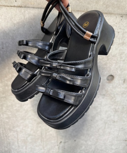 セール】軽量厚底 2WAY 3連リボン ストラップ ヒール サンダル 5992