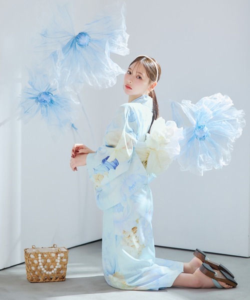 sugar シュガー　浴衣セット 即日発送】シック大人フラワー浴衣【浴衣3点セット 浴衣/帯