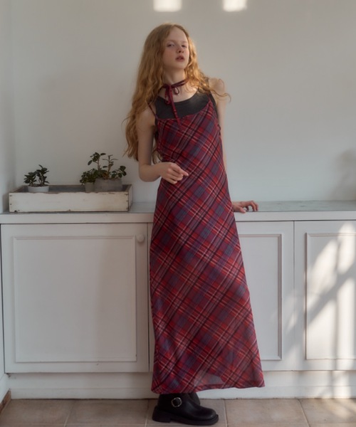 Birthday room（バースデイルーム）の「チョーカー付きチェックパターンシアーキャミワンピース/checkerd sheer camisole onepiece（ワンピース・レディース・レッド/ミント/ブルー・FREE）」の3枚目の写真